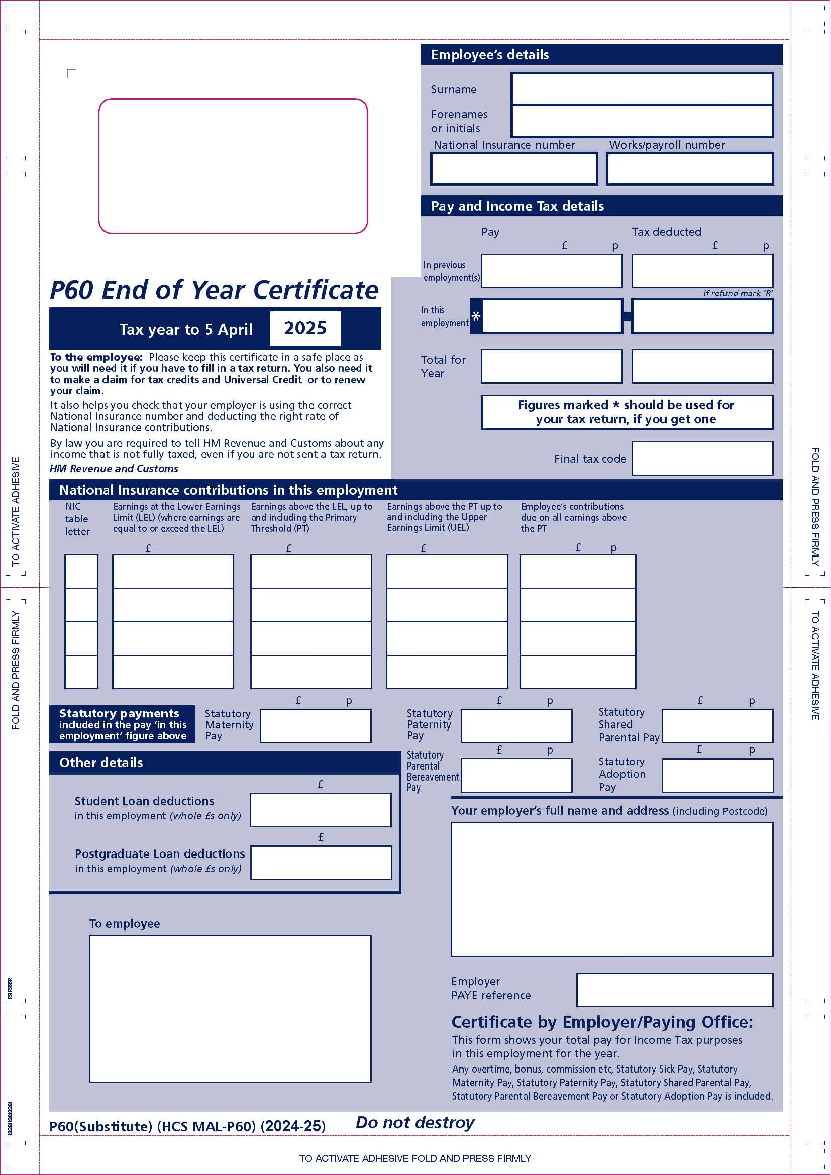 MALP60 / PEGP60 - 2025 P60 TAX FORM