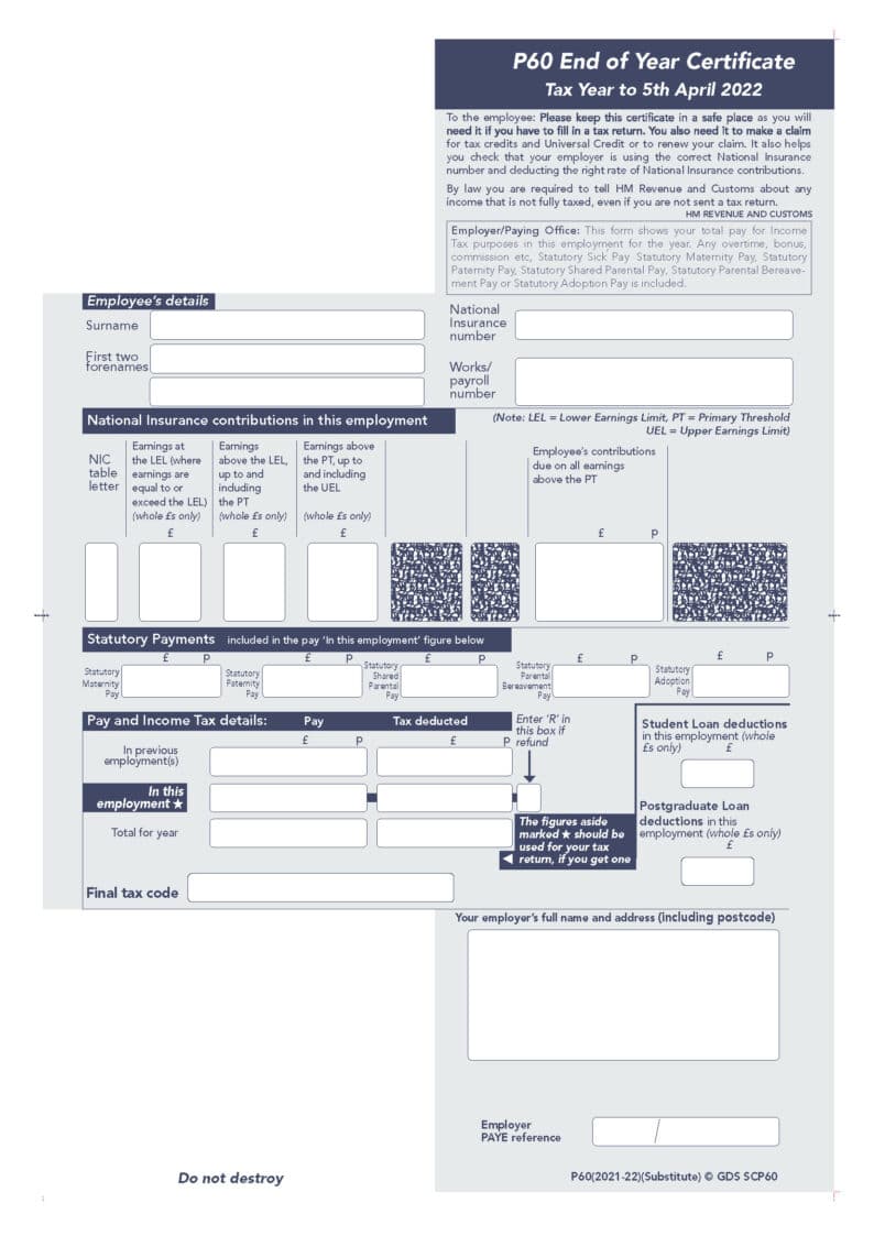 Sage Self Seal P60 Year End Forms For Tax Year Ending April 2022 0156