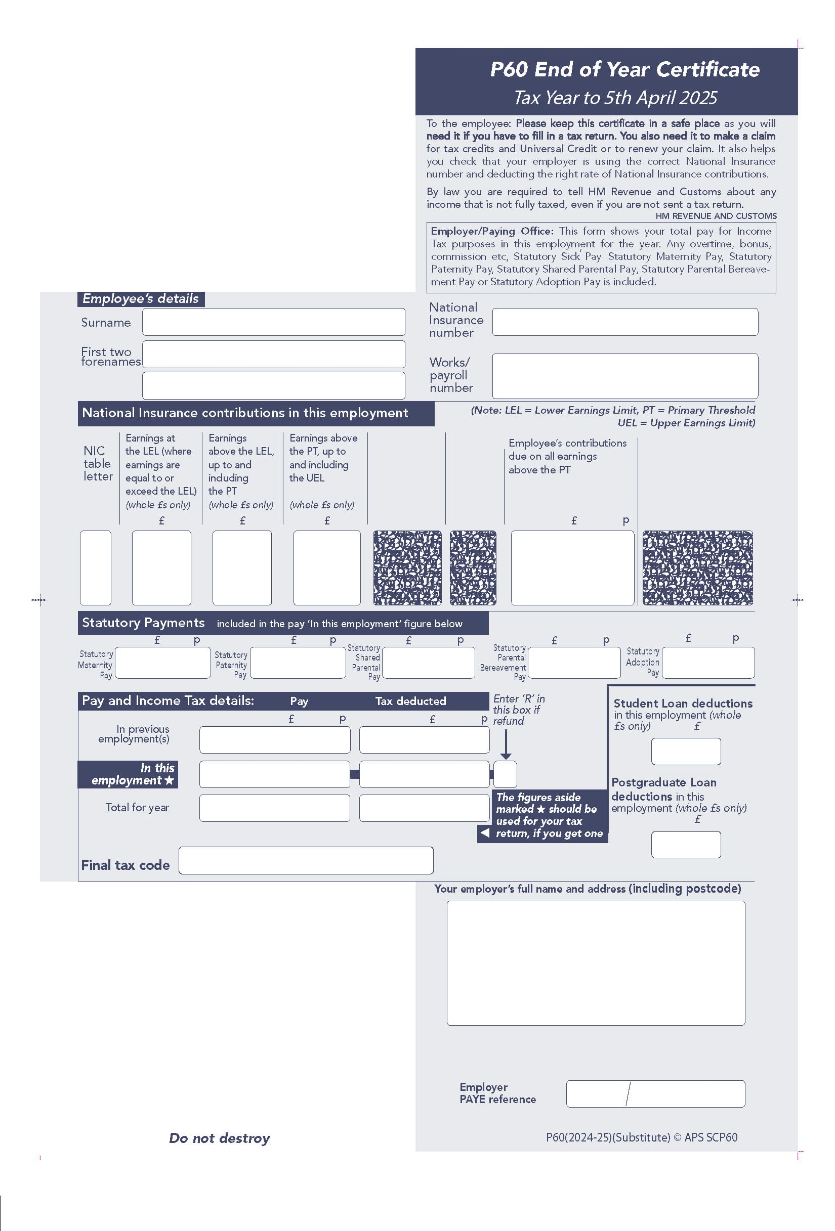 SCP60 2025 P60 Tax Accounting Form