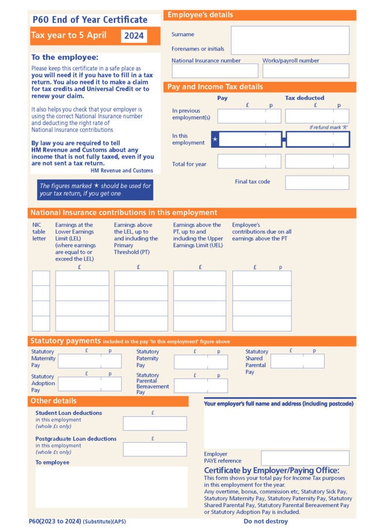 2024 HMRC P60 Year End Forms. Single part available.